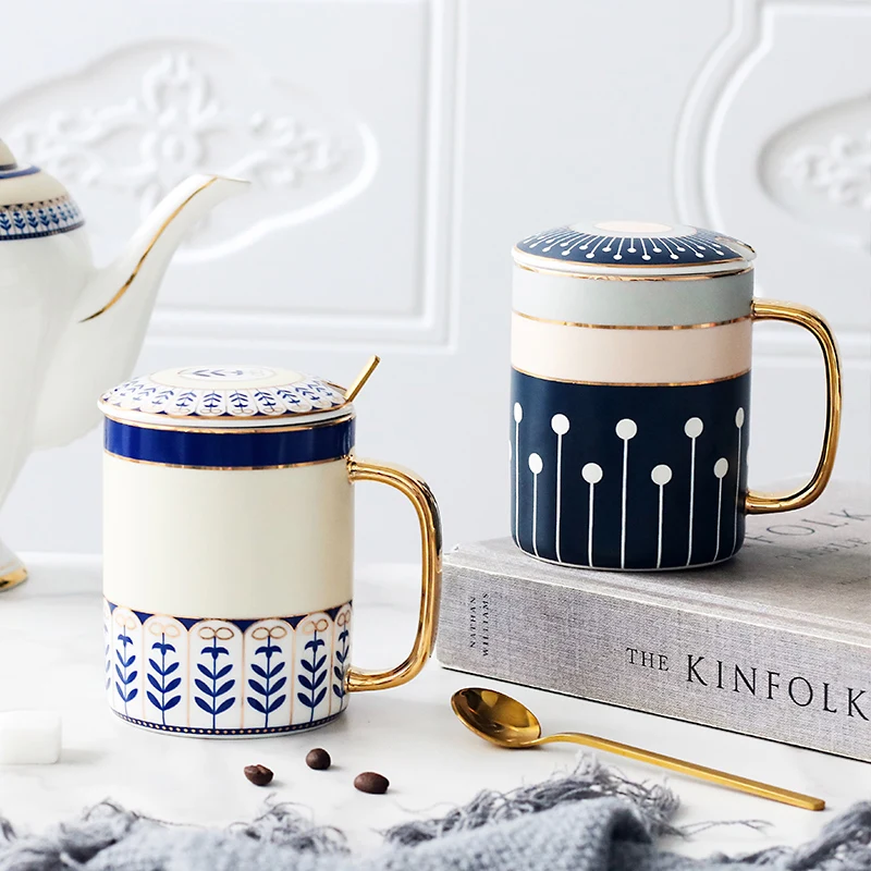 European Luxury Mug Coffee Cup with Lid Spoon Ceramic Large Eco Friendly Tazas Para Cafe Water Bottle BB50 | Дом и сад