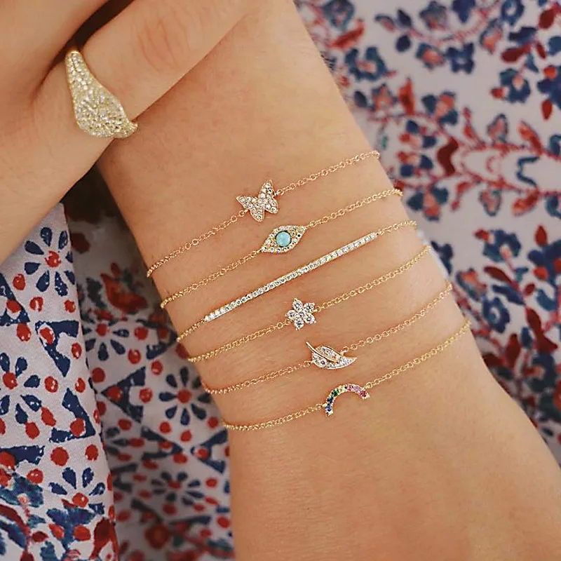 

6 Pcs/Set Punk Butterfly Eye Star Moon Leaves Crystal Gem Shiny Gold Multilayer Chain Bracelet Set Women Exquisite Party Jewelry