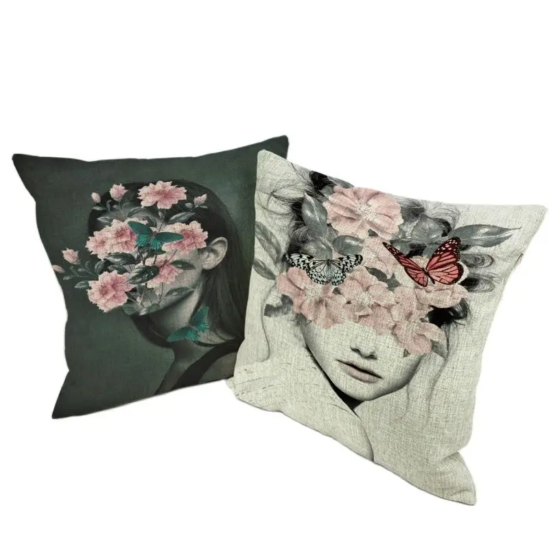 High Quality Cushion Cover Beautiful Girl and Flower Pillow Covers Chair 45X45Cm Cotton Linen Home Couch Seat Decor Eid Cojines | Дом и сад