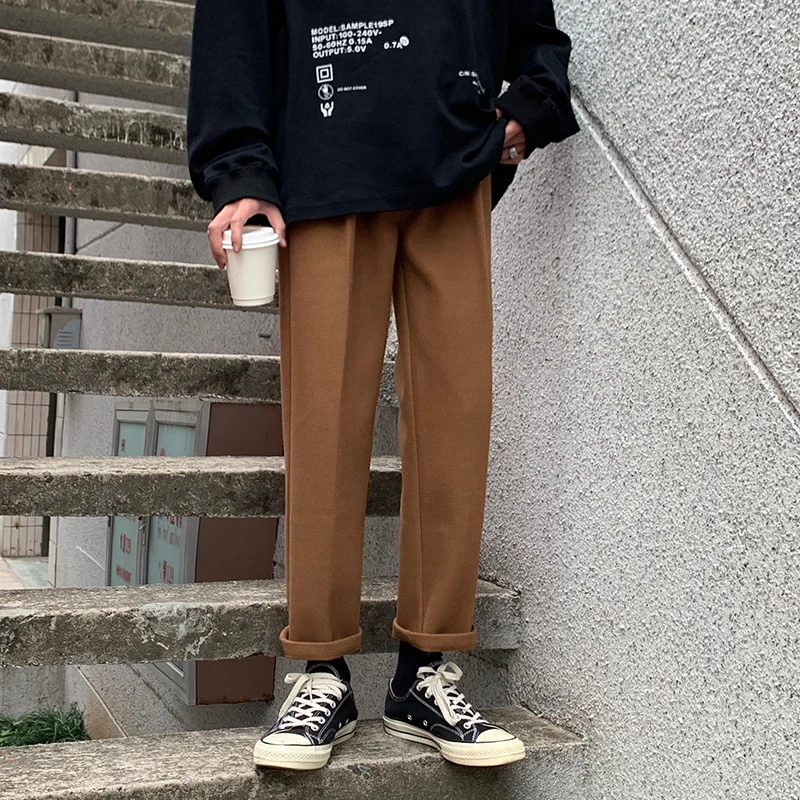 Autumn And Winter Woolen Pants Men's Fashion Solid Color Straight Casual Pants Men Streetwear Wild Loose Dress Pants Male M-5XL