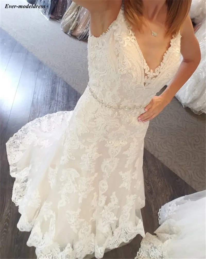 Vestido De Noiva Свадебные платья с кружевной аппликацией, v-образным вырезом, открытой спиной, шлейфом, свадебные платья, платье невесты