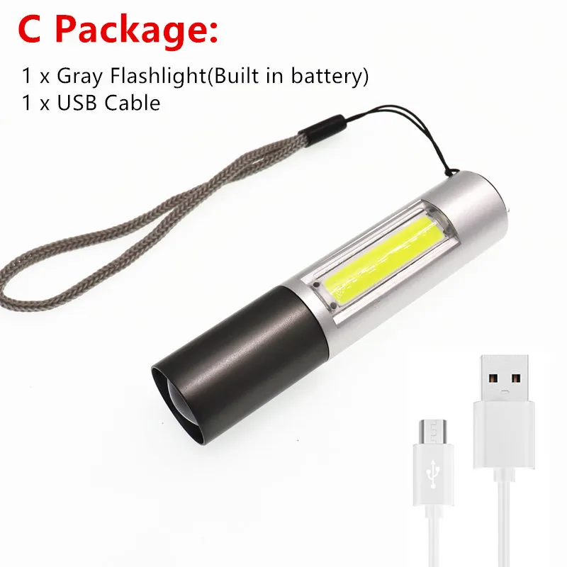 C Package Мини USB фонарь с зумом с перезаряжаемым аккумулятором 3 режима освещения COB+ XPE светодиодный водонепроницаемый портативный используется для кемпинга, езды на велосипеде, работы и т. д - Испускаемый цвет: C Package