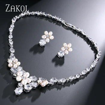 

ZAKOL Exquisite Imitation Pearl Flower Connected Top Quality Cubic Zirconia Jewelry Sets for Wedding FSSP047