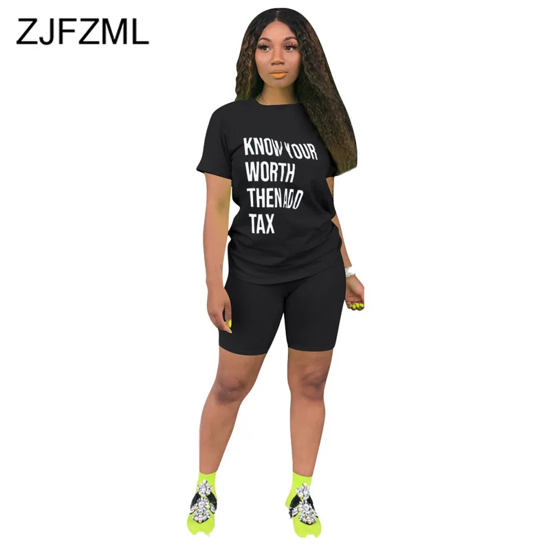 

Sexy Letter Print Two Piece Set Matching Suits Women O Neck Short Sleeve T Shirt And Biker Shorts Sweatsuits Summer Club Outfit