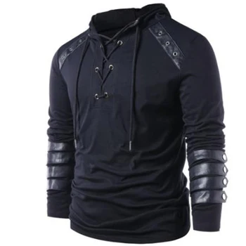 

Men PU leather patchwork bandage gothic hip hop punk hooded t shirt hoodie men vintage lace up street punk rock tee shirts