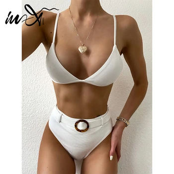 

In-X High waist bikini set 2020 Retro belt swimsuit female Push up bikinis Triangle swimwear women bathers White bathing suit