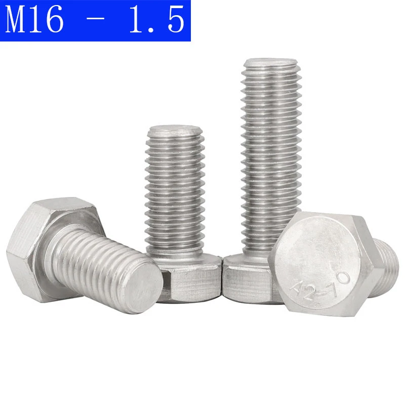 Screw DIN 933 Tap A2 M16-1.5 Fine Thread 304 Stainless Steel Hex Cap Bolt