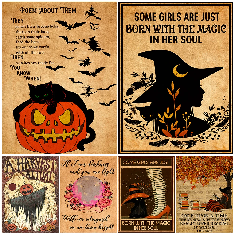 

Halloween Retro Witch Poster And Print Kitchen Witchs And Pumpkin Wall Art Canvas Painting Decor Salem Black Cat Witchcraft Art