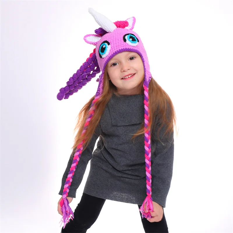 

Unicorn children's wool hat Autumn winter warm knit hat High quality handmade kids Purple annimal horn hat HT19038