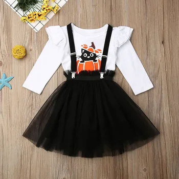 

Fashion 2020 Halloween Kids Girls Long Sleeve Pumpkin Print T-shirts+Straps Tulle Skirt Set