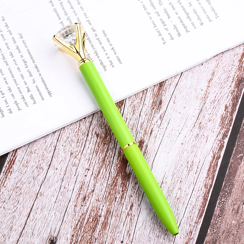 32 цвета, металлическая шариковая ручка с бриллиантовым кристаллом, с логотипом на заказ, шариковые ручки, кольцо, свадебная Шариковая ручка Kawaii, школьные офисные принадлежности - Цвет: green