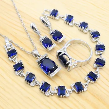 

Silver Color Jewelry Sets Blue Cubic Zircon Earrings Pendant Necklace Ring Heart Bracelet for women Christmas Giftift