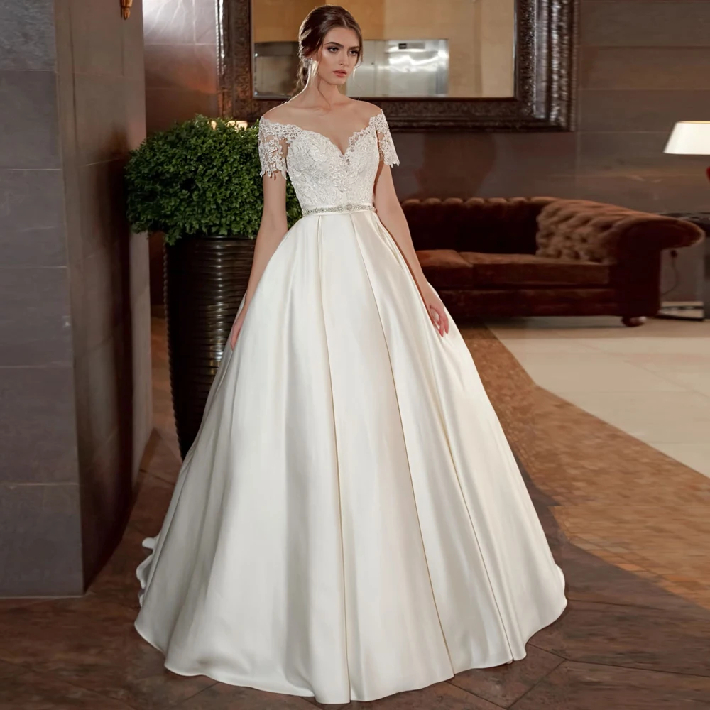 

New Arrival Satin Wedding Dresses Sheer O-neck Off the Shoulder A-line Sweep Train Ruched Wedding Gowns vestido de noiva