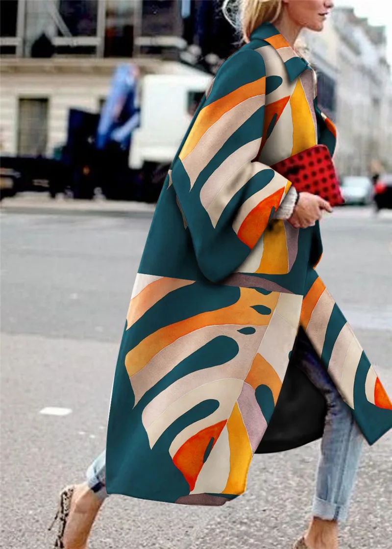 

long Jacket Women Fashion Print Color Jacket Elegant Contrast Stitching Long Jacket Coat Winter Warm coat female