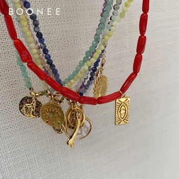 

Simple retro exquisite crystal original stone Gold Coin Pendant collarbone neck chain necklace feminine trend