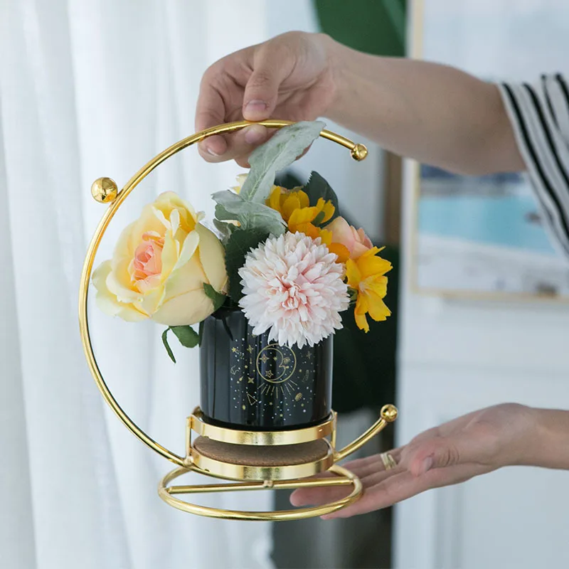Ceramic Moon Succulent Pot Northern Europe Style Balcony Artificial Flower Vase With Golden Iron Holder Green Plant | Дом и сад