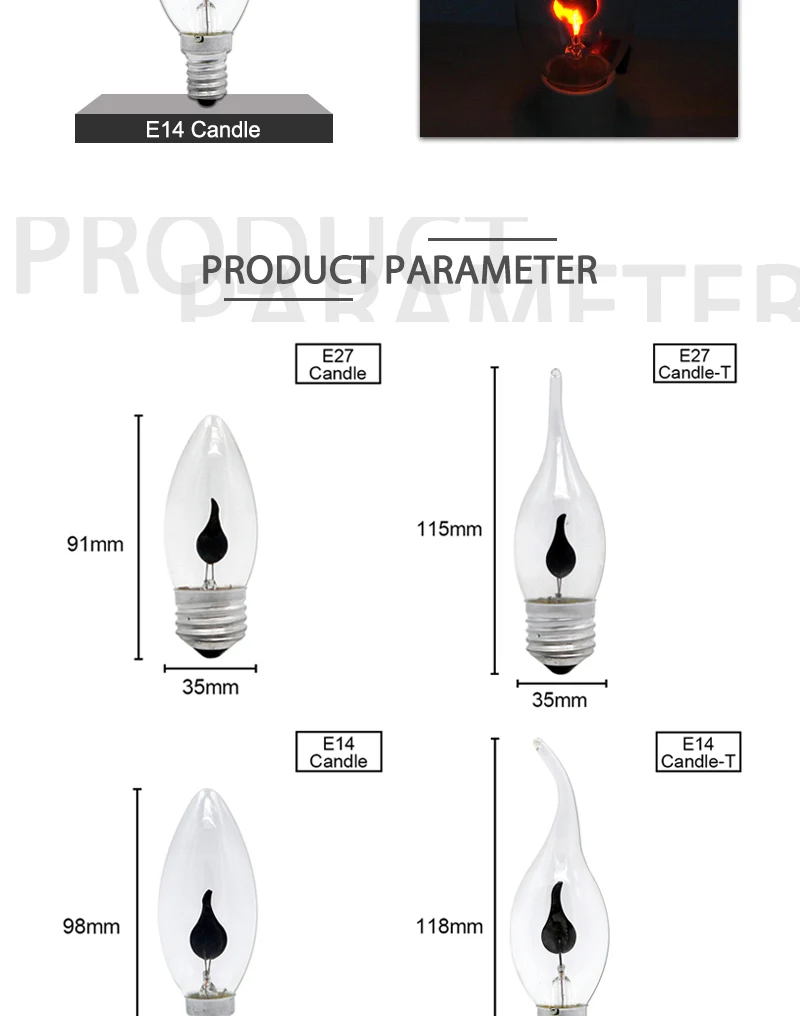 Decoração da Lâmpada Edison Chama Candel Lâmpada Cintilação E27 E14 ac 220v 3w Ponta - Cauda Retro Vintage Fogo Filamento Iluminação Led 4 e14 ac 220v 3w ponta cauda retro