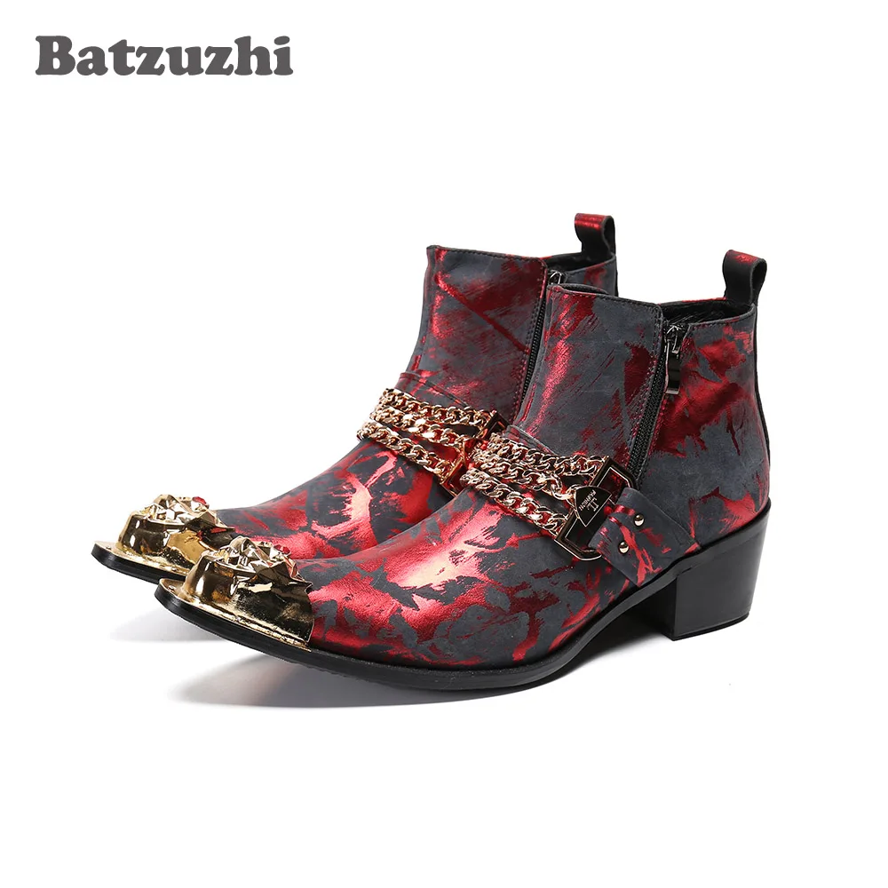 Batzuzhi Punk Men's Boots Golden Pointed Metal Tip Formal Leather Ankle Boots Men Wine Red Party and Wedding Motorcycle Boot Men