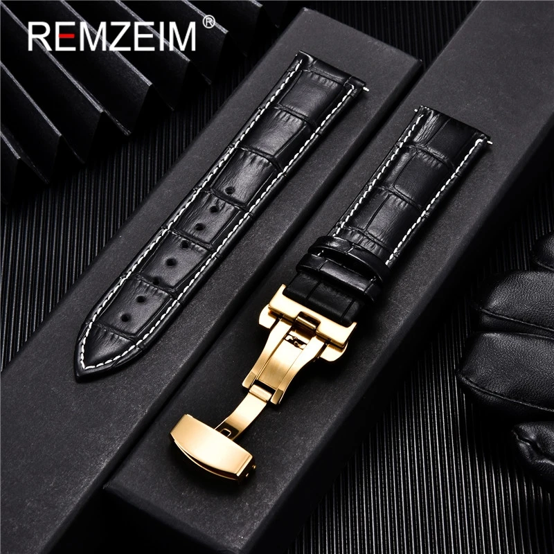 Embossed Genuine Leather Strap with Automatic Butterfly Buckle - Business Watchband