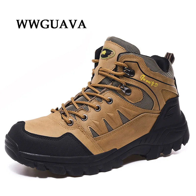 

Fashion Men High Top Leather Hiking Boots Plus Size Camping Rubber Sole Sneakers Military Waterproof Non-slip Climbing Shoes