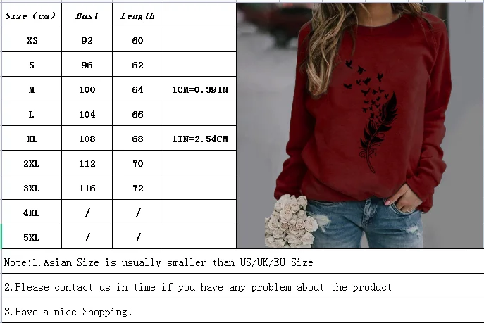 2021 Ladies Feather Print T-shirt Autumn and Winter Ladies Casual Sweater Pullover Long-sleeved Top Women New Round Neck Tops vintage tees