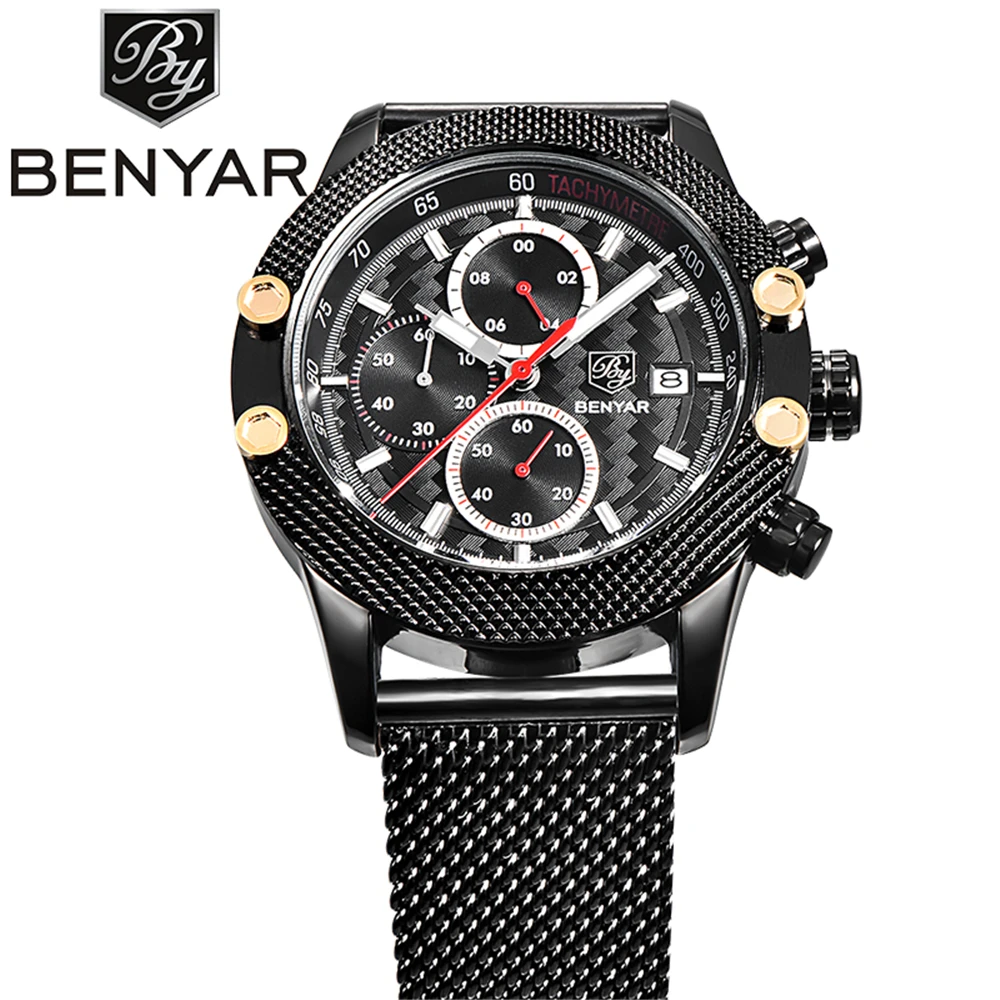 fashion top luxury brand BENYAR set new Men's watches casual mesh belt wristwatch mens waterproof sport chronograph Reloj Hombre