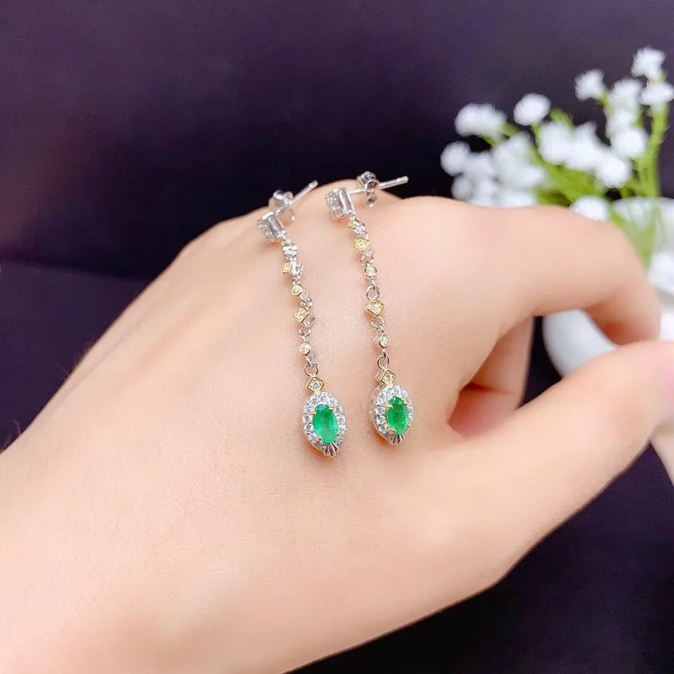 

Серьги с натуральным изумрудом из серебра 925 пробы, двухцветное гальваническое покрытие, женские свадебные ювелирные украшения