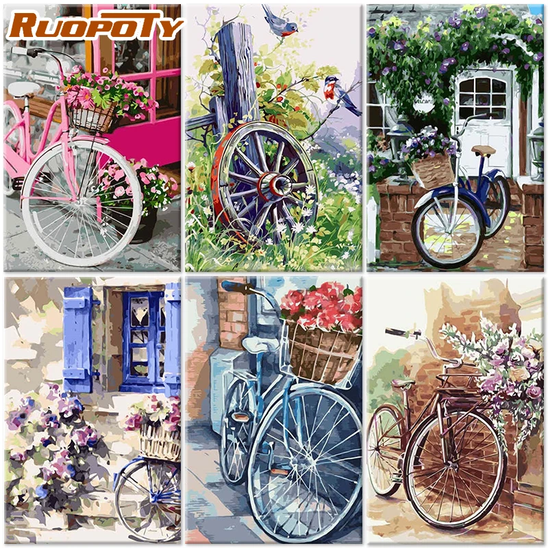 RUOPOTY Flower And Bicycle Painting By Numbers On Canvas Landscape DIY Paint For Adult Frameless Digital | Дом и сад