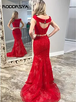 

Off the Shoulder Red Mermaid Evening Dress Party Vintage Lace Formal Dress Evening Gown Vestidos Elegantes Evening Dress 2020