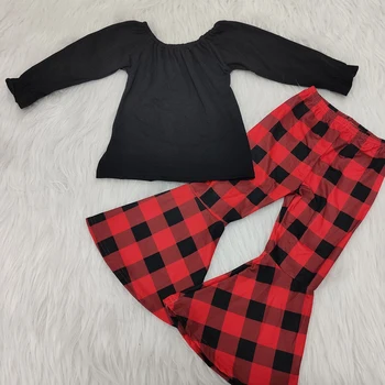 

Baby girls black long sleeve off shoulder design elastic red plaid bell bottoms pants winter Christmas outfits clothing sets