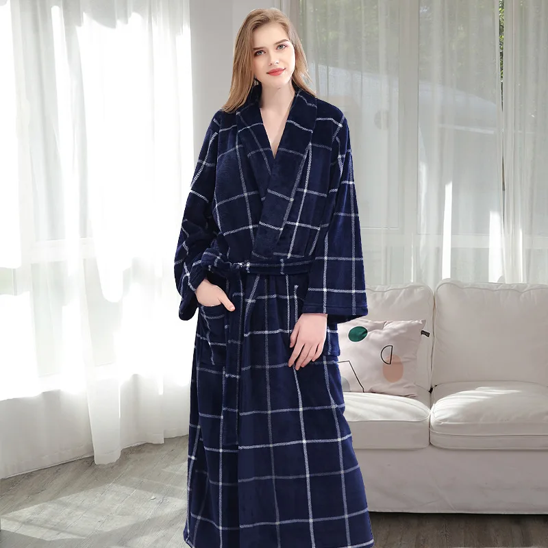 woman Blue grid Темно-синий длинный фланелевый Халат зимний теплый купальный халат в клетку уютные велюровые кимоно халаты ночной халат для влюбленных; одежда для сна - Цвет: woman Blue grid