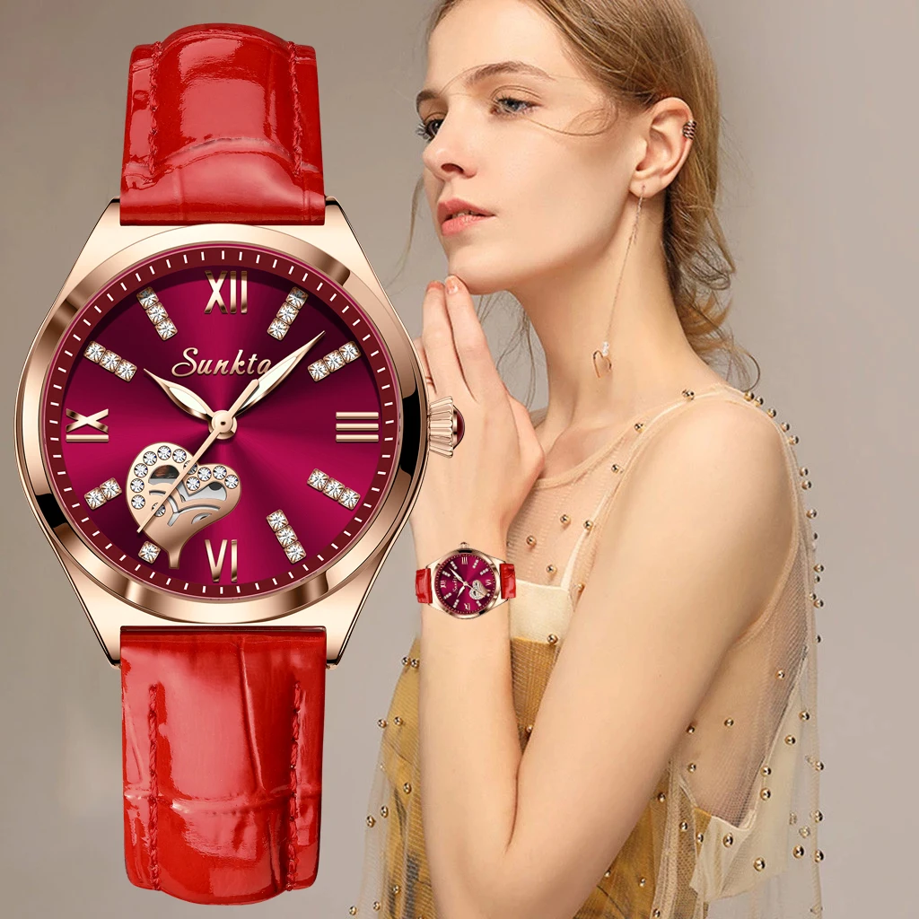 Sunkta Damenuhren, Lederband, Luxus-Quarzuhr, wasserdicht, modisch, kreative Armbanduhr für Damen, Mädchen, Damen_voghion.com