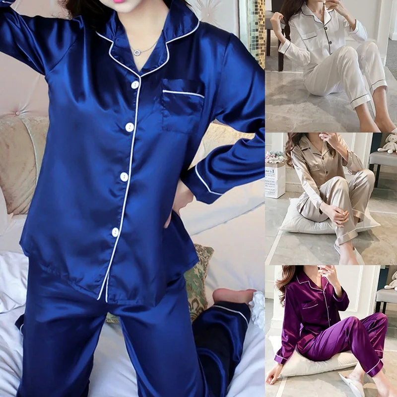 Womens Satin Pajamas Sets Two Piece Faker Silk Smooth Sleepwear Sexy Homewear Long Sleeve Top Pants Female Nightwear Sets 2021