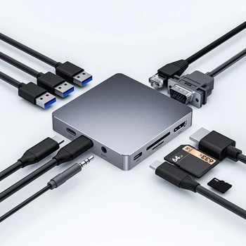 

USB C HUB 11 IN 1 Typec Adapter USB C to HDMI 3.5mm Jack Audio SD TF HDMI VGA RJ45 USB3.0 Typec Docking station for MacbookPRO