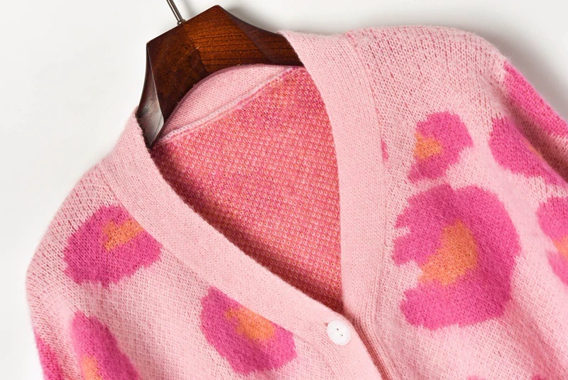 Розовый вязаный кардиган из мохера с цветочным рисунком, женский свободный милый свитер, осень и зима, Новое поступление