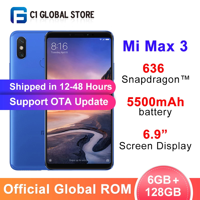 Xiaomi Mi Max 3 смартфон с восьмиядерным процессором Snapdragon 636 ОЗУ 6 ГБ ПЗУ 128 2160x1080 9 дюйма