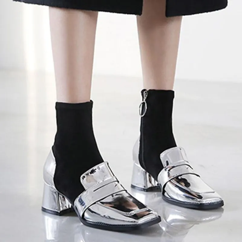 

Retro square head elastic boots 2019 new autumn winter Martin boots female thick with short boots stitching socks women's boots