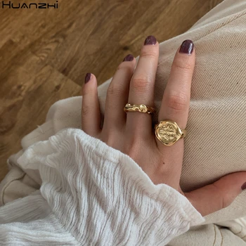 

HUANZHI 2020 New 2pcs/set Finger Rings Irregular Geometric Open Adjustable Folding Gold Metal Rings Vintage Women Jewelry