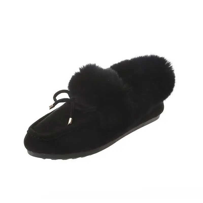 Зимняя обувь на плоской подошве с мехом; большие размеры; женские теплые зимние ботинки из натуральной кожи и шерсти; женские ботильоны с бантом и круглым носком; мокасины; обувь - Цвет: Черный