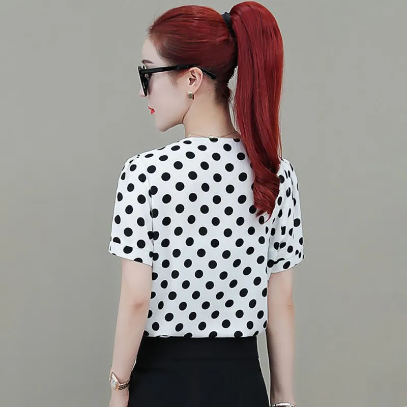 2019 Summer Sweet Slim Women’s Blouse Bow Decoration Polka Dot Chiffon Shirt V-Neck Casual Short Sleeve Women’s Blouse