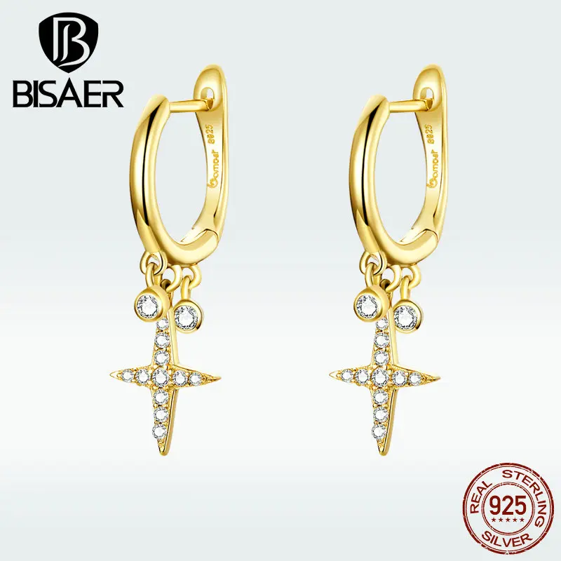 BISAER, опт, 925 пробы, серебряные, Звездные Серьги, золотой цвет, CZ, серьги-гвоздики, ювелирные изделия, подарки для любимой и мамы, HVE230