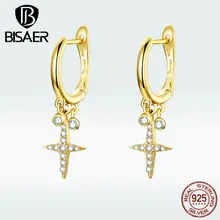 BISAER, опт, 925 пробы, серебряные, Звездные Серьги, золотой цвет, CZ, серьги-гвоздики, ювелирные изделия, подарки для любимой и мамы, HVE230