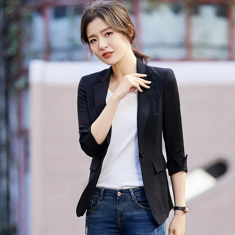 

Spring And Summer Thin Flax Slim Fit Slimming One-Button Cotton Linen Solid Color Three-quarter-length Sleeve Small Suit WOMEN'S