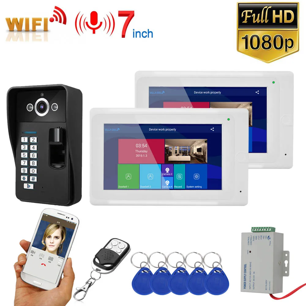 Best 7 inch 2 Monitors Wifi Wireless Fingerprint RFID Video Door Phone Doorbell Intercom System with Wired AHD 1080P Door Access