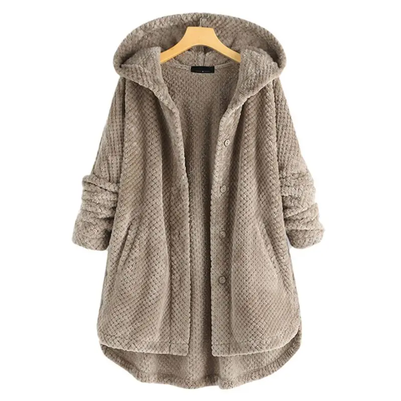 Women Winter Warm Coats Solid Color Hooded Plus Size Fleece Irregular Long Sleeve Button Down Pocket Hooded Overcoat Outwear