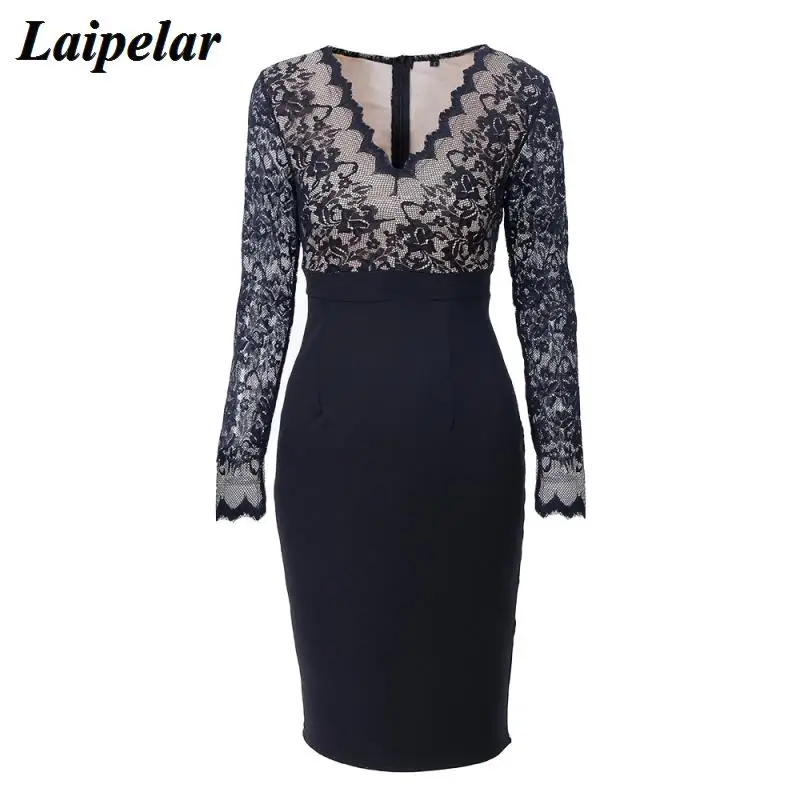 

Laipelar 2019 European and American fashion women's sexy lace stitching V-neck long-sleeved slim bag hip dress pencil skirt