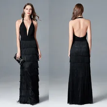 Ck787 Летний Стиль черный и белый с рисунком Холтер Глубокий v-образный вырез похудение кисточки спинки Длинный ужин вечернее платье