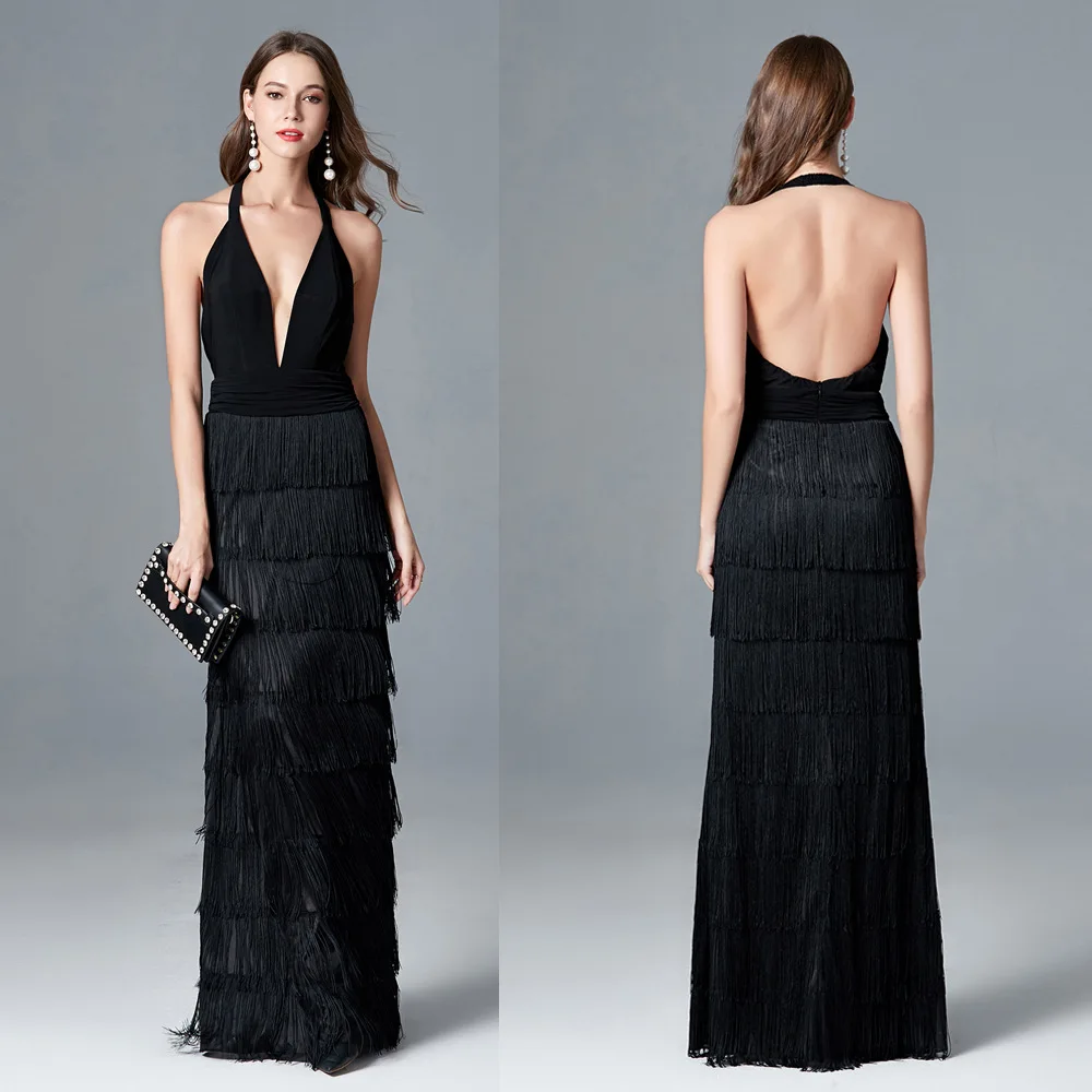 

Ck787 Summer New Style Black And White with Pattern Halter Deep V-neck Slimming Tassels Backless Long Dinner Evening Gown
