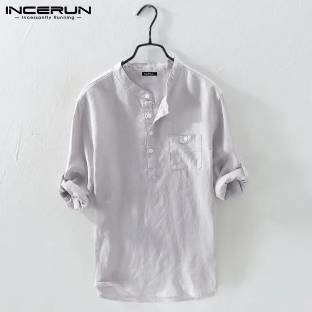 INCERUN Men Shirt Cotton 3/4 Sleeve Stand Collar Harajuku Tops Solid Color Vintage Brand Shirts 2022 Streetwear Camisa Masculina Gray Shirt