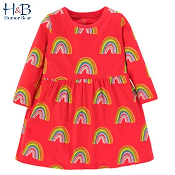

Humor Bear Girls Dress Fall New Spring Autum Long Sleeves European American Rainbow Princess Party Dress Children Kids Clothing